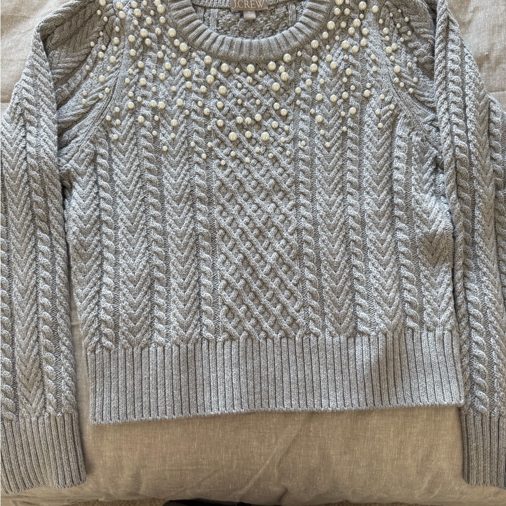 Gray Knit Sweater with Pearl Embellishments